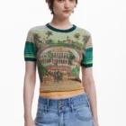 Desigual green knit polo shirt with landscape print