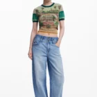 Desigual green knit polo shirt with landscape print
