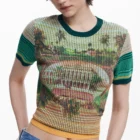 Desigual green knit polo shirt with landscape print