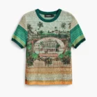 Desigual green knit polo shirt with landscape print