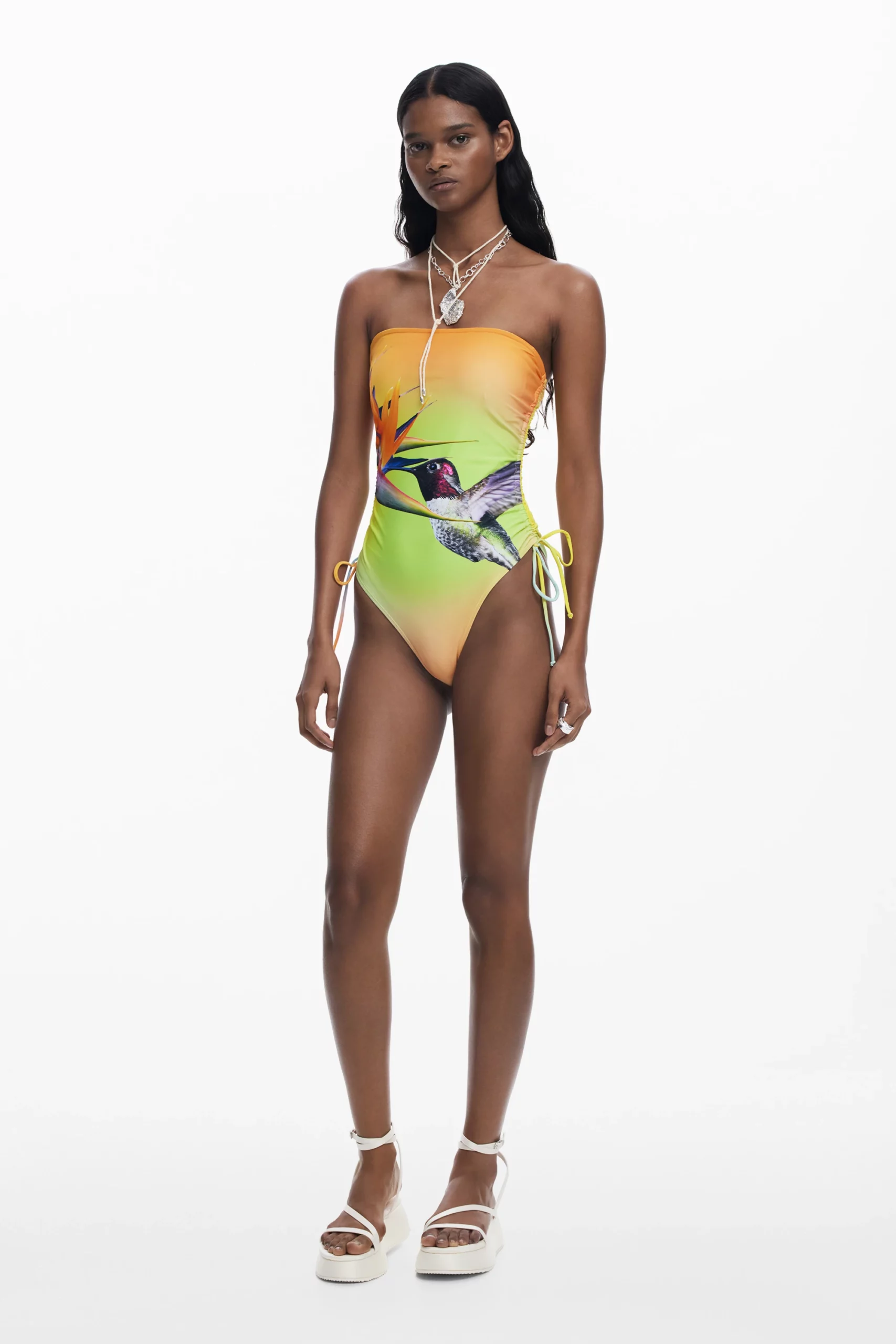 Desigual yellow one-piece swimming costume with hummingbird design Desigual yellow one-piece swimming costume with hummingbird design