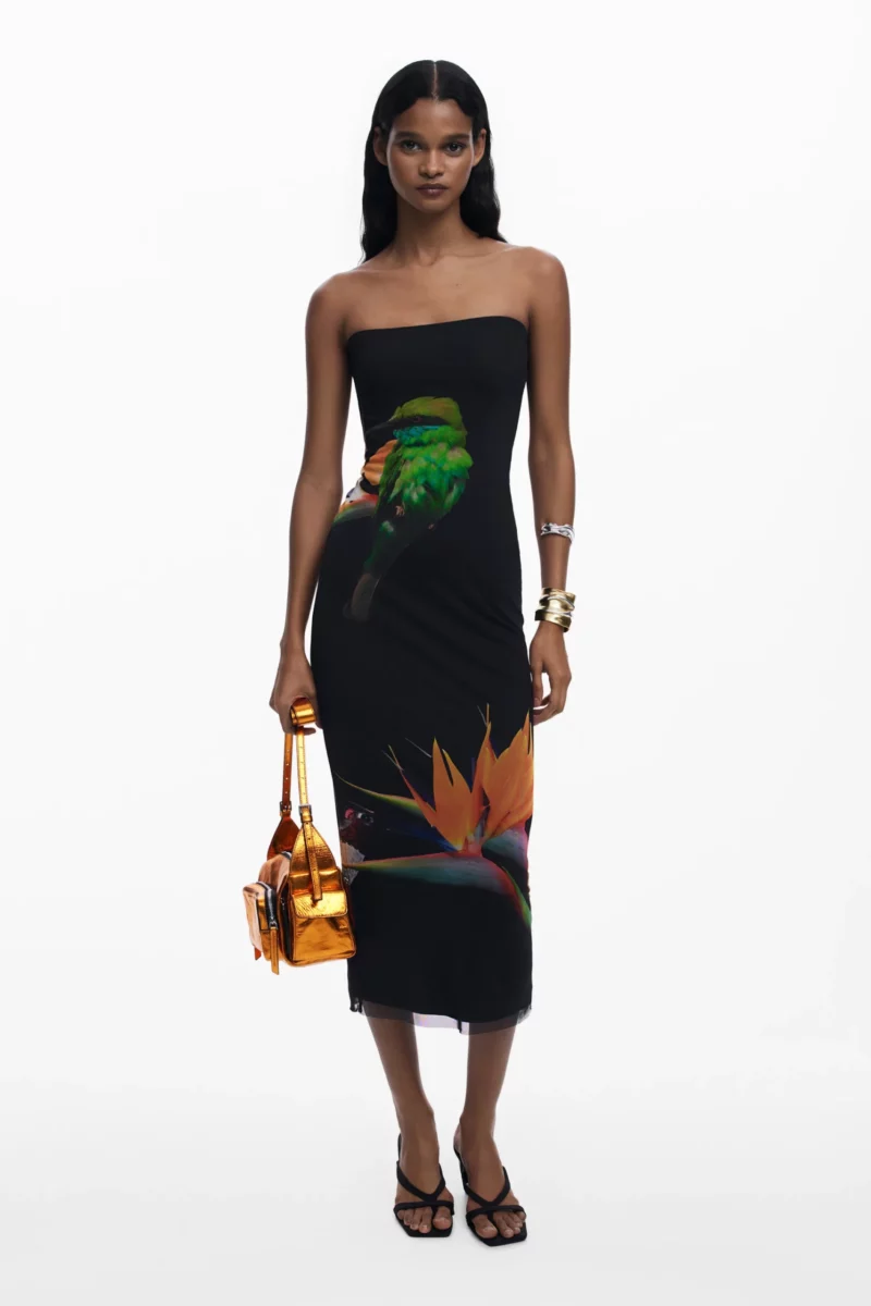 Desigual long black strapless fitted mesh dress with strelitzia Desigual long black strapless fitted mesh dress with strelitzia