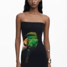 Desigual long black strapless fitted mesh dress with strelitzia Desigual long black strapless fitted mesh dress with strelitzia