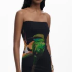 Desigual long black strapless fitted mesh dress with strelitzia Desigual long black strapless fitted mesh dress with strelitzia