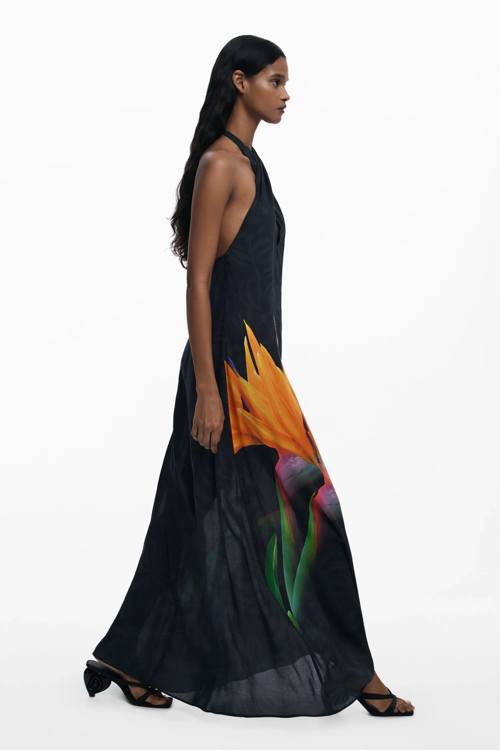 desigual halter dress long black neck with bird print red maxi dress summer