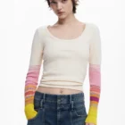 Desigual knit long sleeve top with striped printed sleeves Desigual knit long sleeve top with striped printed sleeves