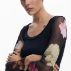 Desigual long-sleeve tulle top with printed sleeves Desigual long-sleeve tulle top with printed sleeves