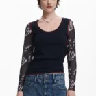 Desigual long sleeve black top with tulle sleeves