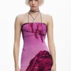 Desigual fitted designer midi dress in micro tulle with print, by Monsieur Christian Lacroix Desigual fitted designer midi dress in micro tulle with print, by Monsieur Christian Lacroix