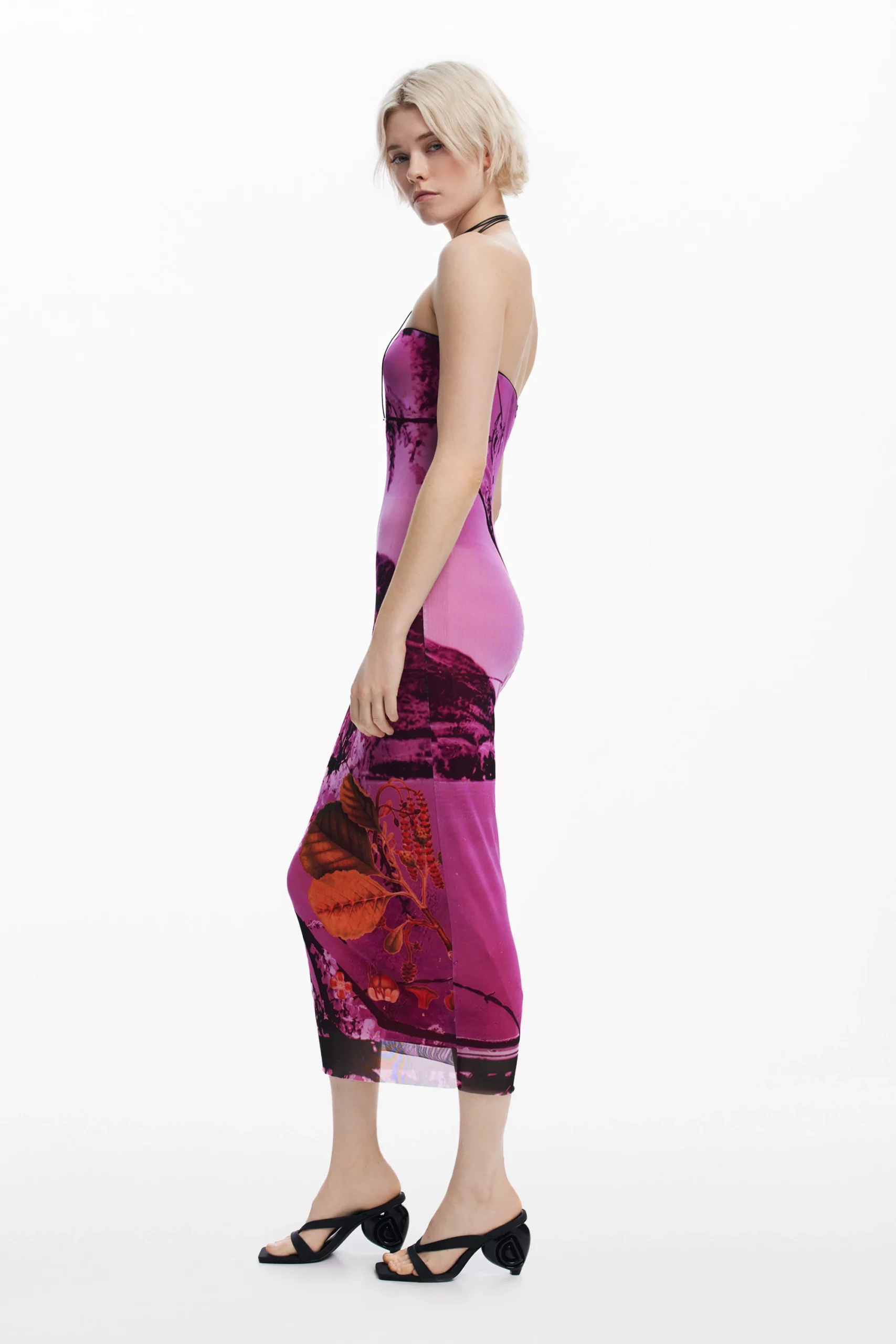 Desigual fitted designer midi dress in micro tulle with print, by Monsieur Christian Lacroix Desigual fitted designer midi dress in micro tulle with print, by Monsieur Christian Lacroix
