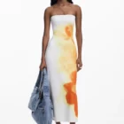 Desigual fitted long white dress with orange flowers and back slit
