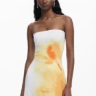 Desigual fitted long white dress with orange flowers and back slit