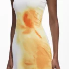 Desigual fitted long white dress with orange flowers and back slit