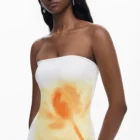 Desigual fitted long white dress with orange flowers and back slit