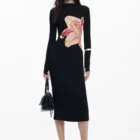 Desigual fitted black designer long-sleeve ribbed dress with orchid print Desigual fitted black designer long-sleeve ribbed dress with orchid print