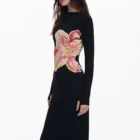 Desigual fitted black designer long-sleeve ribbed dress with orchid print Desigual fitted black designer long-sleeve ribbed dress with orchid print