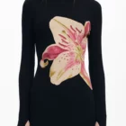 Desigual fitted black designer long-sleeve ribbed dress with orchid print Desigual fitted black designer long-sleeve ribbed dress with orchid print