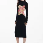 Desigual fitted black designer long-sleeve ribbed dress with orchid print Desigual fitted black designer long-sleeve ribbed dress with orchid print