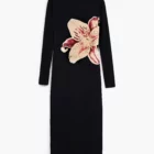 Desigual fitted black designer long-sleeve ribbed dress with orchid print Desigual fitted black designer long-sleeve ribbed dress with orchid print