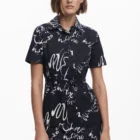 Desigual short black and white designer shirt dress with arty print Desigual short black and white designer shirt dress with arty print