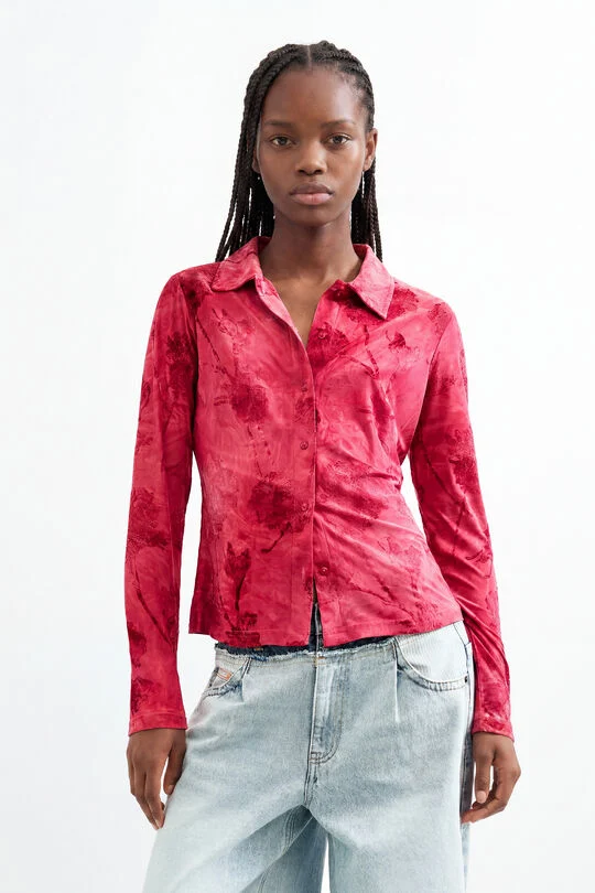 Desigual Flocked Women's Long Sleeve Shirt Fuschia Pink